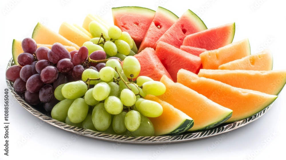 A refreshing fruit platter with a variety of sliced fruits including mango, pineapple, grapes