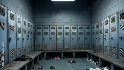 A desolate and abandoned locker room, filled with scattered belongings and a sense of neglect. The atmosphere is dark and gloomy.