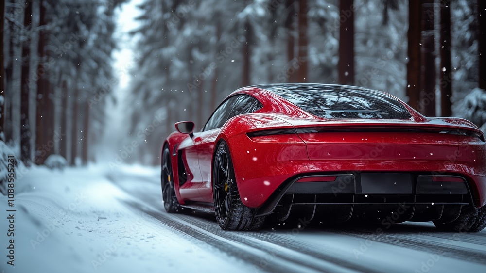 Red Sports Car on Snow Covered Road, Winter Getaway Red Sports Car on Snow Covered Road, Winter Getaway