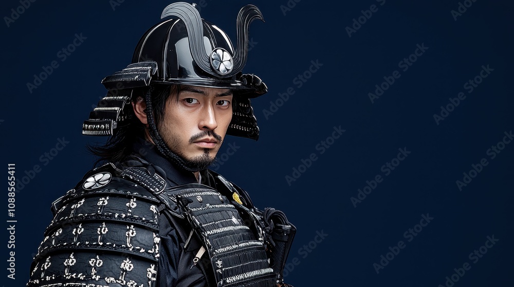 A warrior in traditional samurai armor poses confidently against a dark blue background, showcasing intricate details of the armor and helmet. A warrior in traditional samurai armor poses confidently against a dark blue background, showcasing intricate details of the armor and helmet.