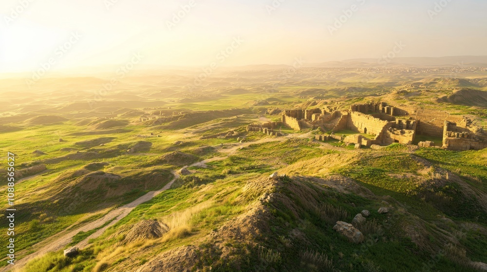 Fototapeta premium Dawn of Mesopotamia: Serene Landscape with Ancient Ruins Bathed in Golden Light