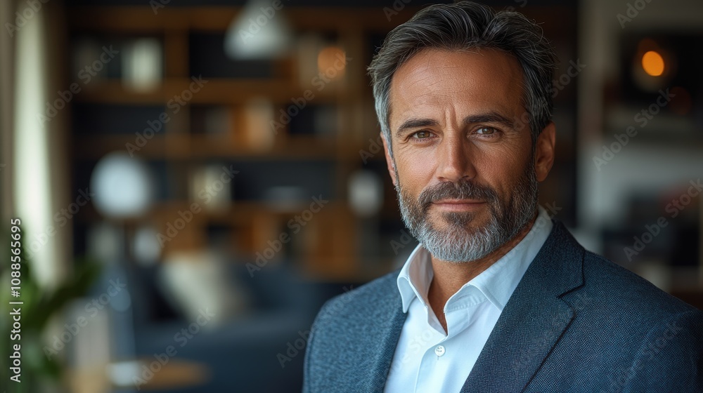 Portrait of confident mature business man executive standing in corporate office using digital tablet. Middle-aged professional businessman manager wearing suit posing at work in modern space Portrait of confident mature business man executive standing in corporate office using digital tablet. Middle-aged professional businessman manager wearing suit posing at work in modern space