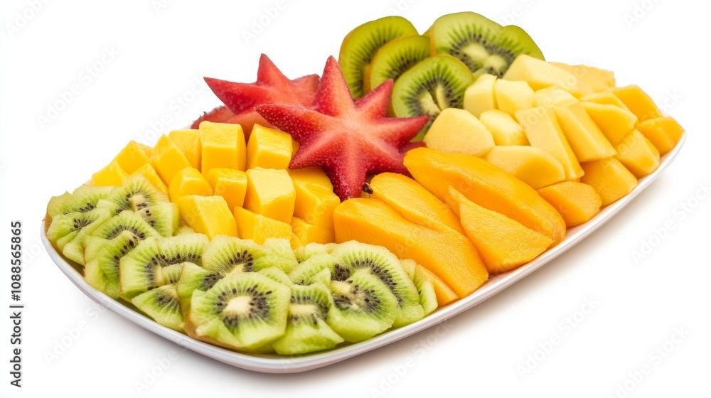 A refreshing fruit platter with a variety of sliced fruits including pineapple, watermelon, cantaloupe A refreshing fruit platter with a variety of sliced fruits including pineapple, watermelon, cantaloupe