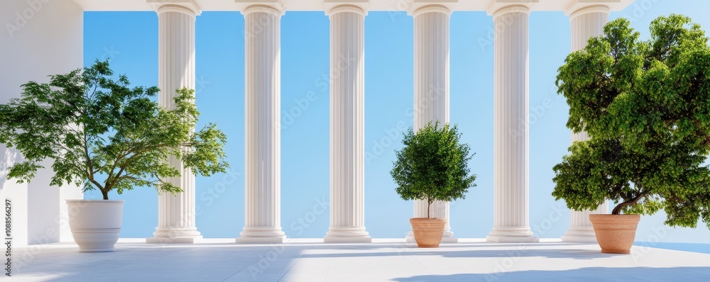 Fototapeta premium Timeless elegance of Greek columns showcasing minimalist aesthetics in a serene architectural setting.