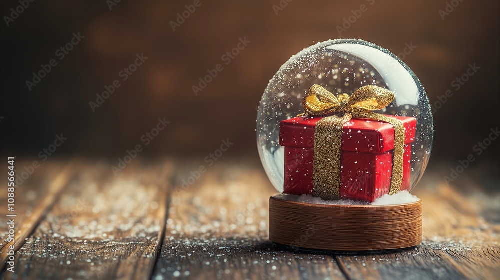 A red gift box with a golden ribbon inside a crystal round globe on wooden floor A red gift box with a golden ribbon inside a crystal round globe on wooden floor