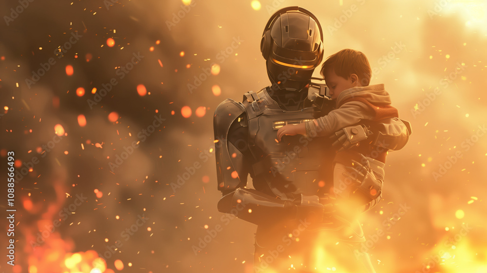 Robot Firefighter with Rescue Gear Carrying Child to Safety from Fiery Building with Intense Flames and Smoke
Robot Firefighter with Rescue Gear Carrying Child to Safety from Fiery Building with Intense Flames and Smoke