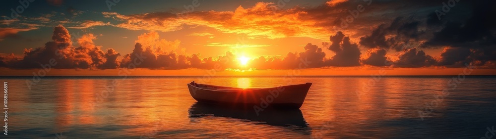 A serene sunset over calm waters, featuring a solitary boat silhouetted against the vibrant sky, perfect for peaceful imagery. A serene sunset over calm waters, featuring a solitary boat silhouetted against the vibrant sky, perfect for peaceful imagery.