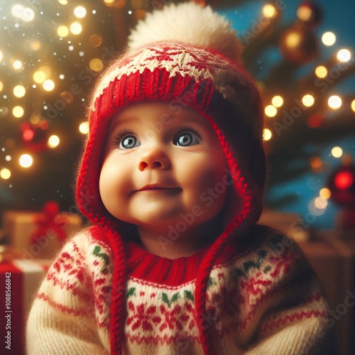 Cute baby in red santa hat near christmas tree. First new year. Postcard