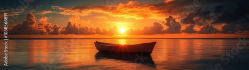 A serene sunset over calm waters, featuring a solitary boat silhouetted against the vibrant sky, perfect for peaceful imagery.