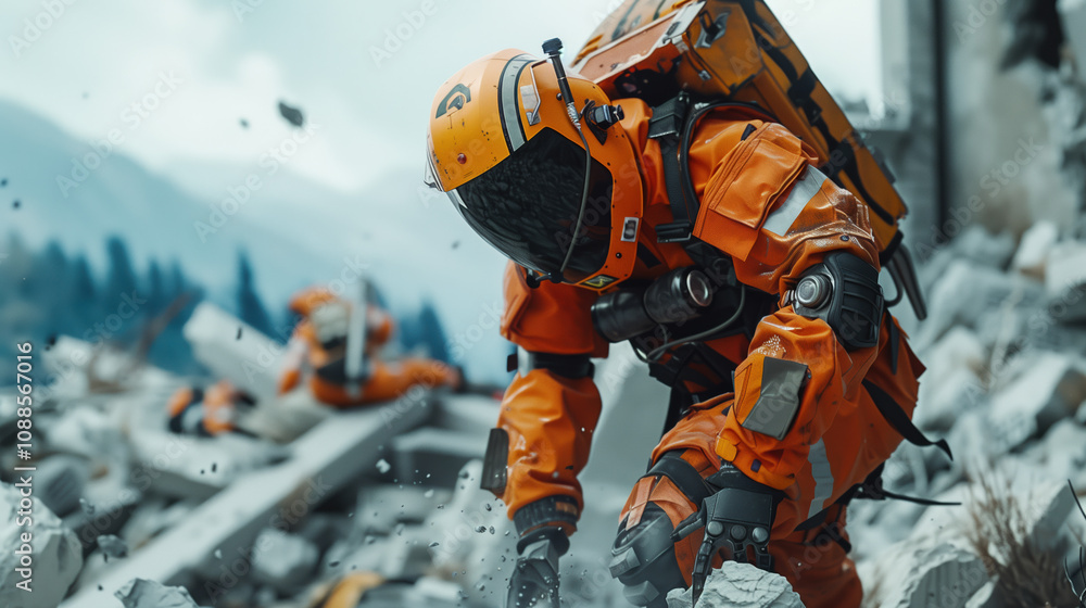 Rescue Operation by AI Robot in Uniform Lifting Earthquake Debris to Free Trapped Person, Dynamic Action Scene Rescue Operation by AI Robot in Uniform Lifting Earthquake Debris to Free Trapped Person, Dynamic Action Scene