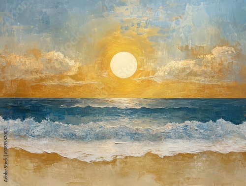 A serene sunset over the ocean, with golden hues and gentle waves creating a peaceful coastal scene. photo