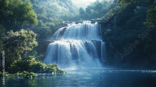 A serene waterfall cascading into a tranquil pool, surrounded by lush greenery and mist, creating a peaceful natural scene.