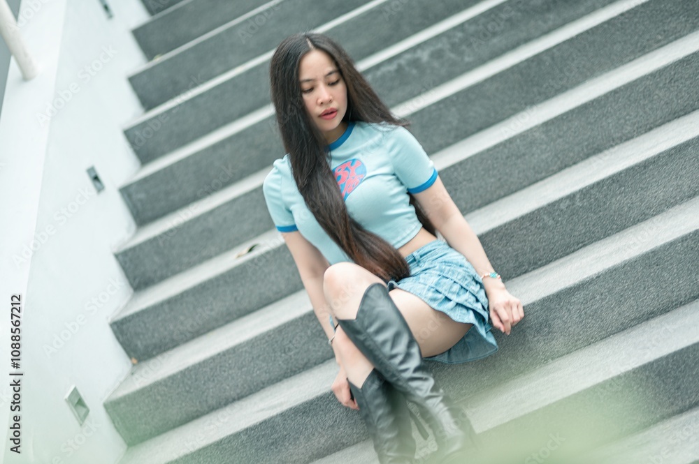 Obraz premium Young Woman in Blue Top and Skirt Sitting on Steps, Capturing a Fashionable Moment with Long Hair, Stylish Boots, and a Relaxed Expression in Modern Urban Setting