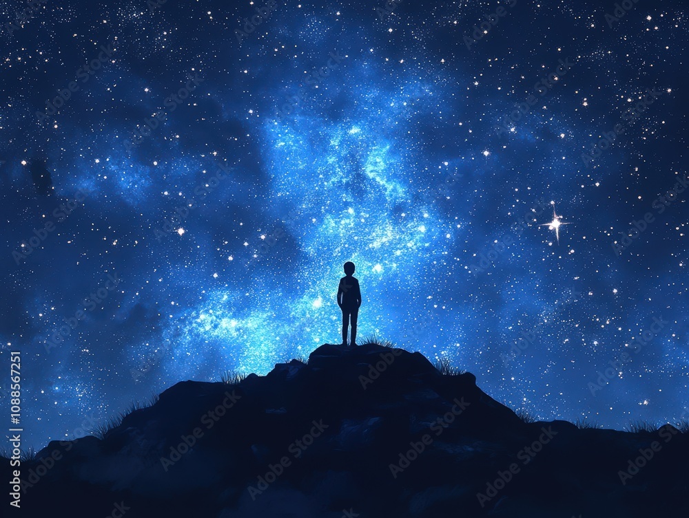 Fototapeta premium A silhouette of a person standing on a hill under a starry sky, gazing at the vast universe filled with shining stars.
