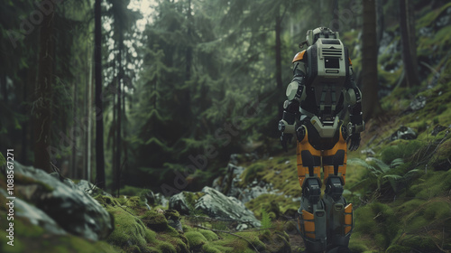 AI Robot in Search-and-Rescue Uniform Maneuvering Through Dense Forest to Locate Lost Hikers, Featuring Rugged Terrain and Dramatic Lighting photo