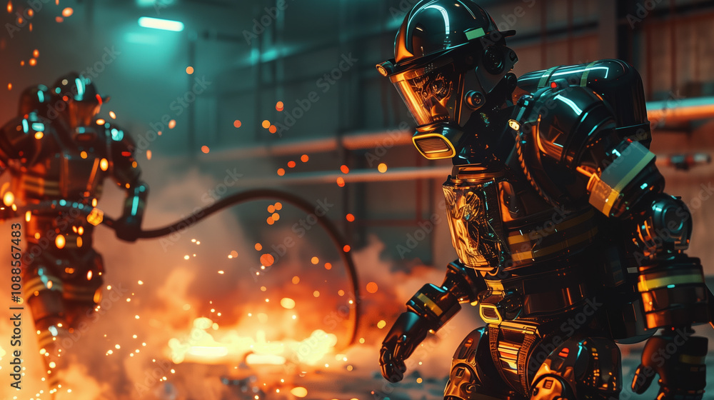 AI Rescue Robot and Firefighter Team Up to Extinguish Blaze with Fire Hose, Flames Reflecting on Metal Surface, Future Rescue Technology AI Rescue Robot and Firefighter Team Up to Extinguish Blaze with Fire Hose, Flames Reflecting on Metal Surface, Future Rescue Technology