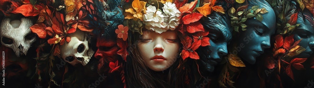 A surreal composition featuring a serene face adorned with flowers and surrounded by colorful masks and leaves. A surreal composition featuring a serene face adorned with flowers and surrounded by colorful masks and leaves.