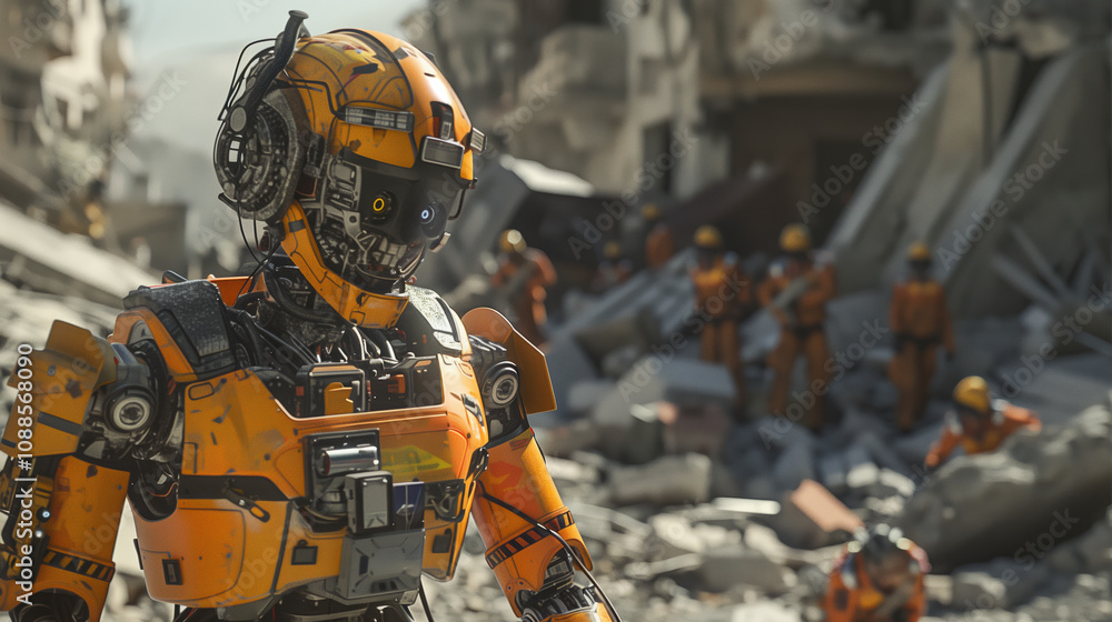 close-up AI Robot in a bright rescue uniform leading a group of survivors to safety close-up AI Robot in a bright rescue uniform leading a group of survivors to safety