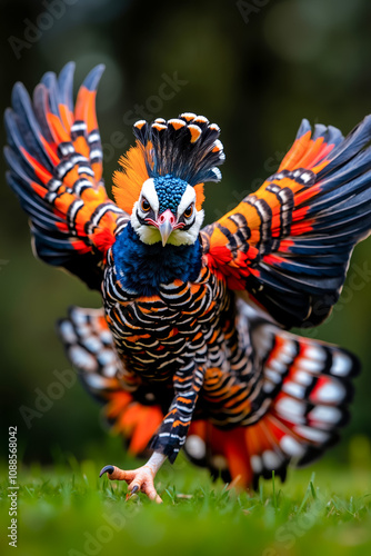 A colorful bird with its wings spread out in the grass