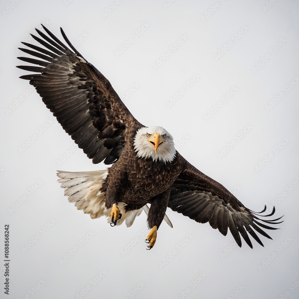 Eagle in Flight: A bald eagle mid-flight with wings fully spread, sharp talons extended, and its beak slightly open. Feather details highlighted against a white background. Eagle in Flight: A bald eagle mid-flight with wings fully spread, sharp talons extended, and its beak slightly open. Feather details highlighted against a white background.