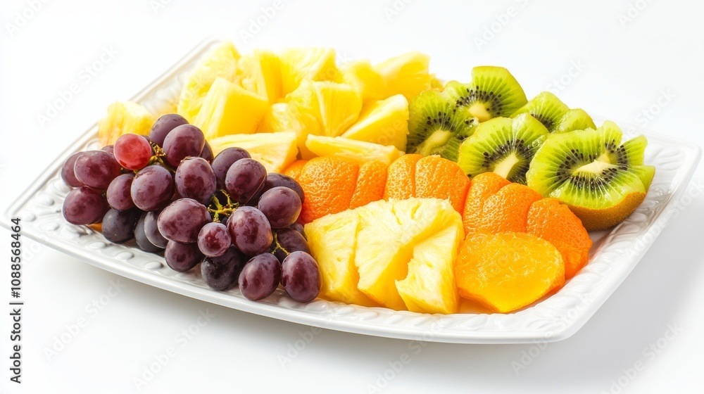 A refreshing fruit platter with an assortment of sliced pineapple, kiwi, grapes A refreshing fruit platter with an assortment of sliced pineapple, kiwi, grapes