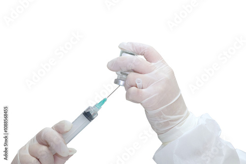 Close-up hands woman doctor who using syringe for draw vaccine from vaccine vial, medical and healthcare