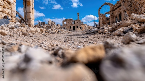 This image captures the haunting beauty of ruins amidst debris where a once-bustling town now stands in silence under a clear blue sky, evoking a sense of history lost. photo