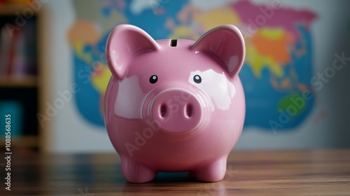 A pink piggy bank set against a blurred world map background. Cute pink piggy bank featuring a softly blurred world map backdrop for finances. 