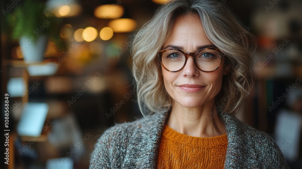 Confident middle-aged woman standing in a chic boutique, using a digital device to manage inventory and sales Confident middle-aged woman standing in a chic boutique, using a digital device to manage inventory and sales
