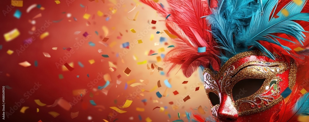 Fototapeta premium Colorful carnival mask with vibrant feathers, symbolizing celebration and festivity. 3D illustration.