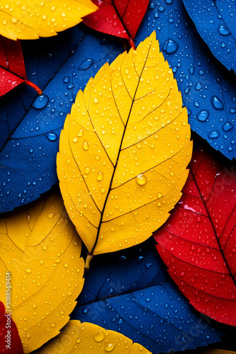 A bunch of colorful leaves with water droplets on them photo