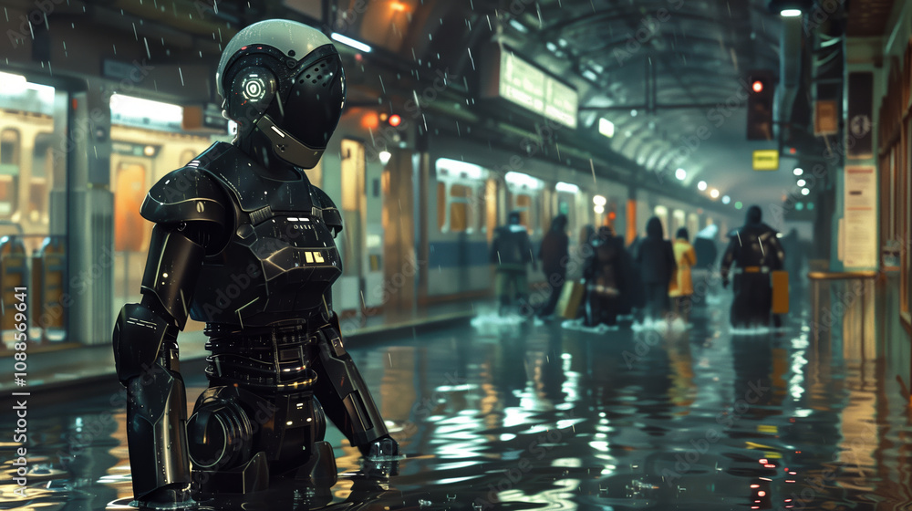 Fototapeta premium Futuristic AI Robot in Rescue Uniform Helping Evacuate Flooded Subway Station with Water Reflections and Low Light