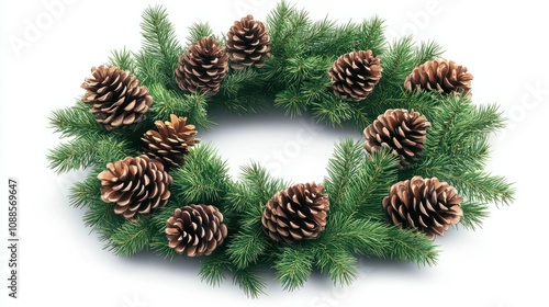 Christmas wreath made of fir tree and cones isolated on white. Christmas decorations