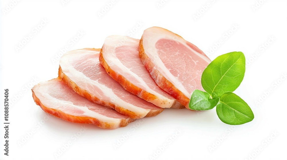 Freshly Sliced Lean Bacon Strips Served with Sprigs of Green Basil on a Bright White Background Ideal for Culinary, Food Photography, and Recipe Illustrations Freshly Sliced Lean Bacon Strips Served with Sprigs of Green Basil on a Bright White Background Ideal for Culinary, Food Photography, and Recipe Illustrations