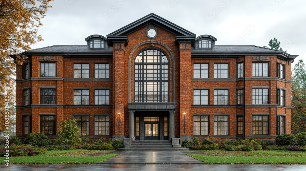 Naklejka premium A classic brick building with large windows and a welcoming entrance.