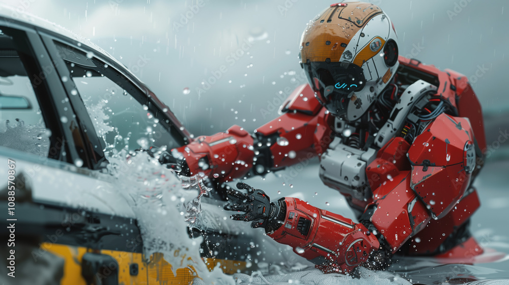 AI Robot in Rescue Gear Rescuing Person from Partially Submerged Car in Floodwaters, Rushing Water and Emergency Response Scene AI Robot in Rescue Gear Rescuing Person from Partially Submerged Car in Floodwaters, Rushing Water and Emergency Response Scene