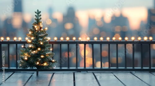 Mini Christmas tree with city lights background.