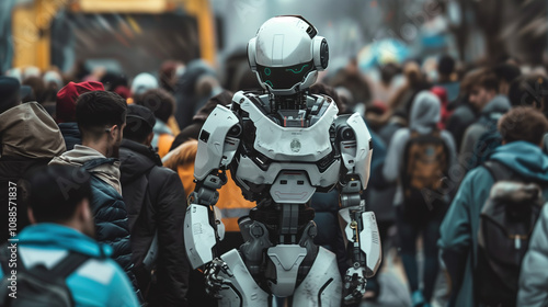 Rescue AI Robot Standing Amidst Disaster, Leading Evacuation Efforts for People in Crisis Situation photo