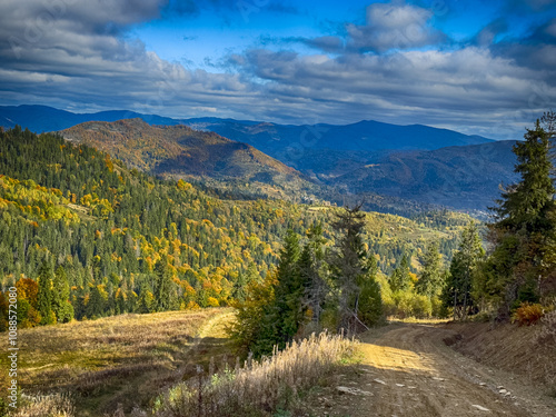 The landscape of Carpathian Mountains in the sunny weather. Perfect weather condition in the autumn season