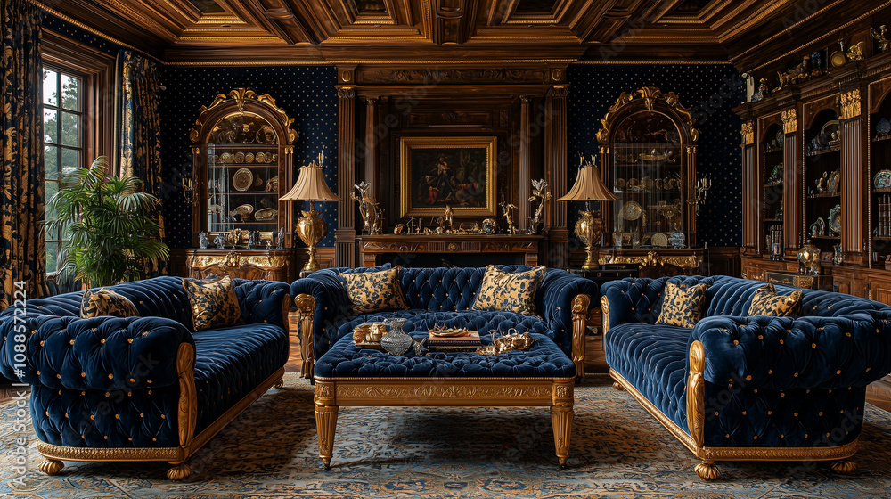 Fototapeta premium Opulent Library Interior Design: Luxurious navy velvet sofas and armchairs, gilded accents, and dark wood paneling create a sophisticated and regal atmosphere in this grand library.