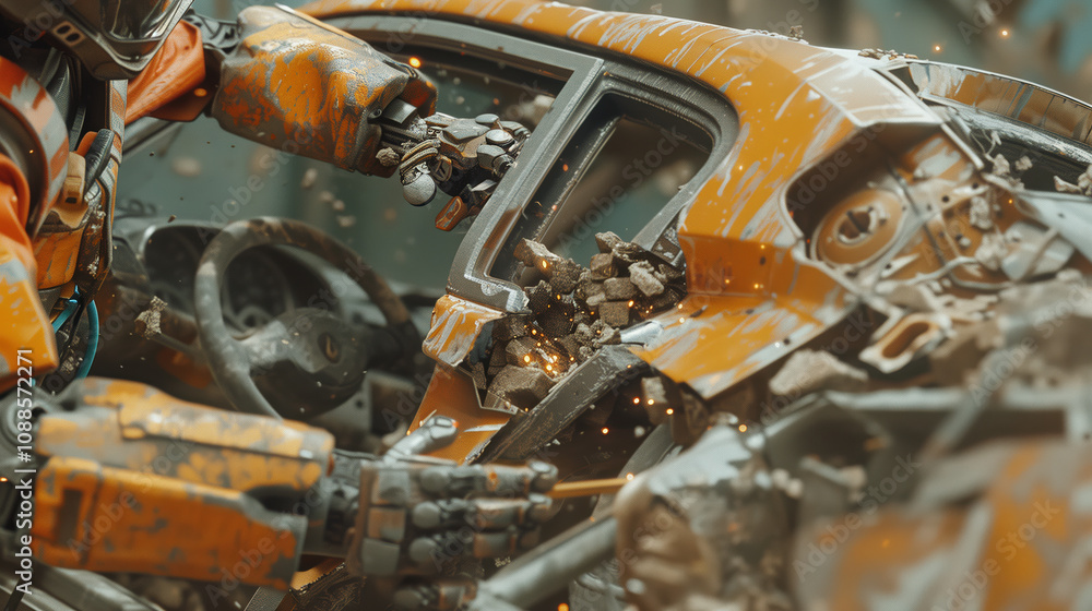 Close-up of AI Rescue Robot in Action Using Emergency Tool to Free Driver Trapped in Crushed Car During Urgent Rescue Close-up of AI Rescue Robot in Action Using Emergency Tool to Free Driver Trapped in Crushed Car During Urgent Rescue