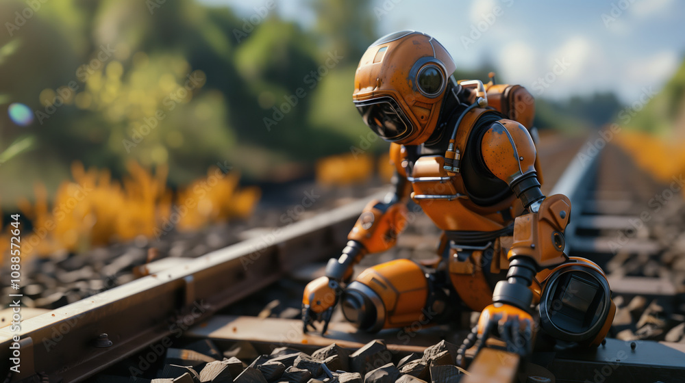 AI Robot in Rescue Suit Clearing Debris from Train Track After Accident Ensuring Passenger Safety and Fast Recovery AI Robot in Rescue Suit Clearing Debris from Train Track After Accident Ensuring Passenger Safety and Fast Recovery