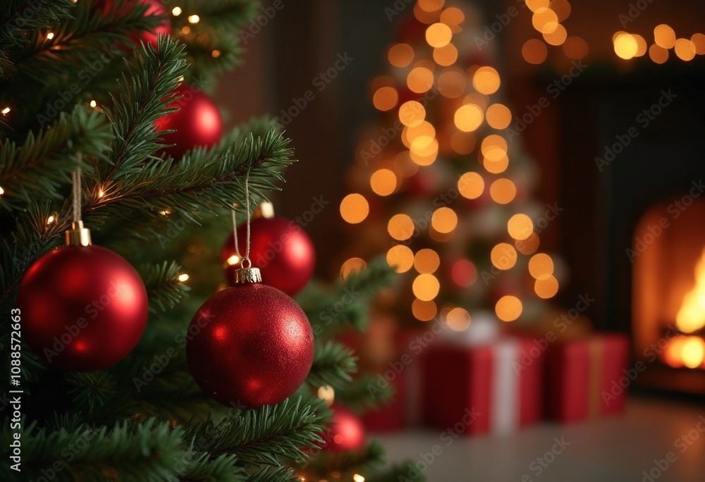 Christmas and New Year holiday concepts. Red balls on fir branches. Interior Christmas. Magic glowing tree, fireplace, gifts background Christmas and New Year holiday concepts. Red balls on fir branches. Interior Christmas. Magic glowing tree, fireplace, gifts background