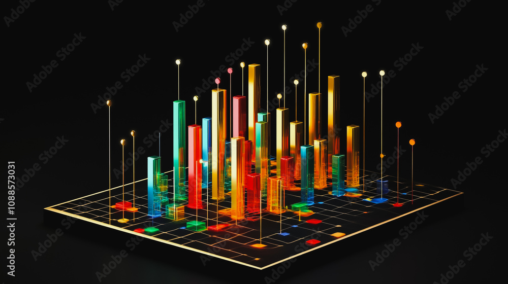Abstract black background with 3D Colorful charts and graphs with statistics to innovative analyze business potential and forecast future development of companies growth. Abstract black background with 3D Colorful charts and graphs with statistics to innovative analyze business potential and forecast future development of companies growth.