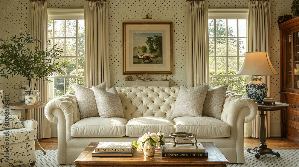 Serene Living Room Retreat: Elegant off-white tufted sofa, complemented by soft cushions and natural light streaming through large windows, creating a tranquil and inviting atmosphere. Serene Living Room Retreat: Elegant off-white tufted sofa, complemented by soft cushions and natural light streaming through large windows, creating a tranquil and inviting atmosphere.