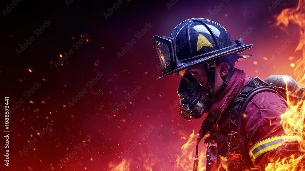 Obraz premium Firefighter in action amidst flames, wearing protective gear.