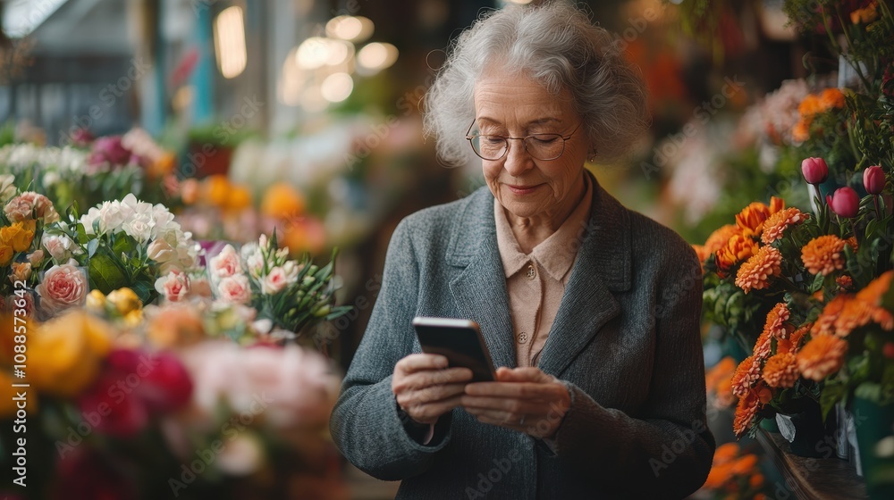 Older businesswoman in a suit reading a text message on her smartphone in her small flower shop Older businesswoman in a suit reading a text message on her smartphone in her small flower shop