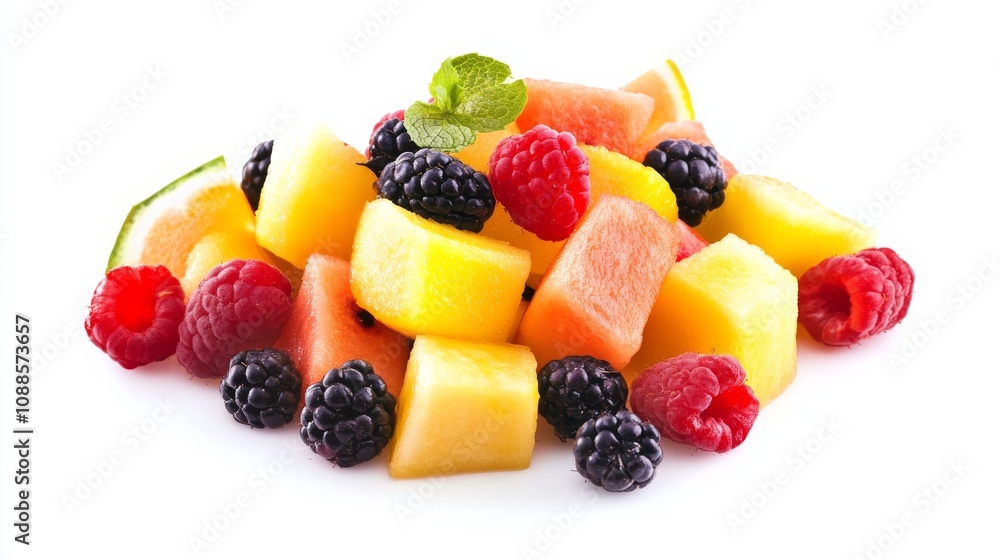 A refreshing fruit salad with a medley of juicy melons, berries, and citrus fruits A refreshing fruit salad with a medley of juicy melons, berries, and citrus fruits