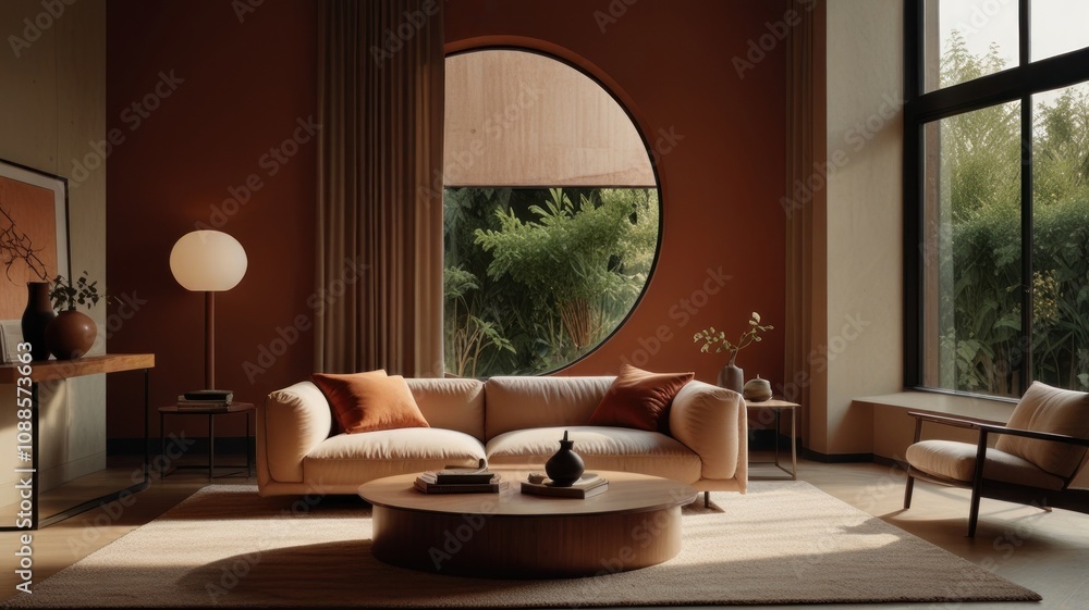 Modern living room with beige sofa, round window, and natural light. Modern living room with beige sofa, round window, and natural light.