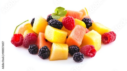 A refreshing fruit salad with a medley of juicy melons, berries, and citrus fruits